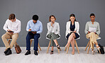 Preparation, planning and business people in a queue for an interview, meeting and recruitment. Planning, workforce and candidates waiting for hr, employment and opportunity as a group in an office