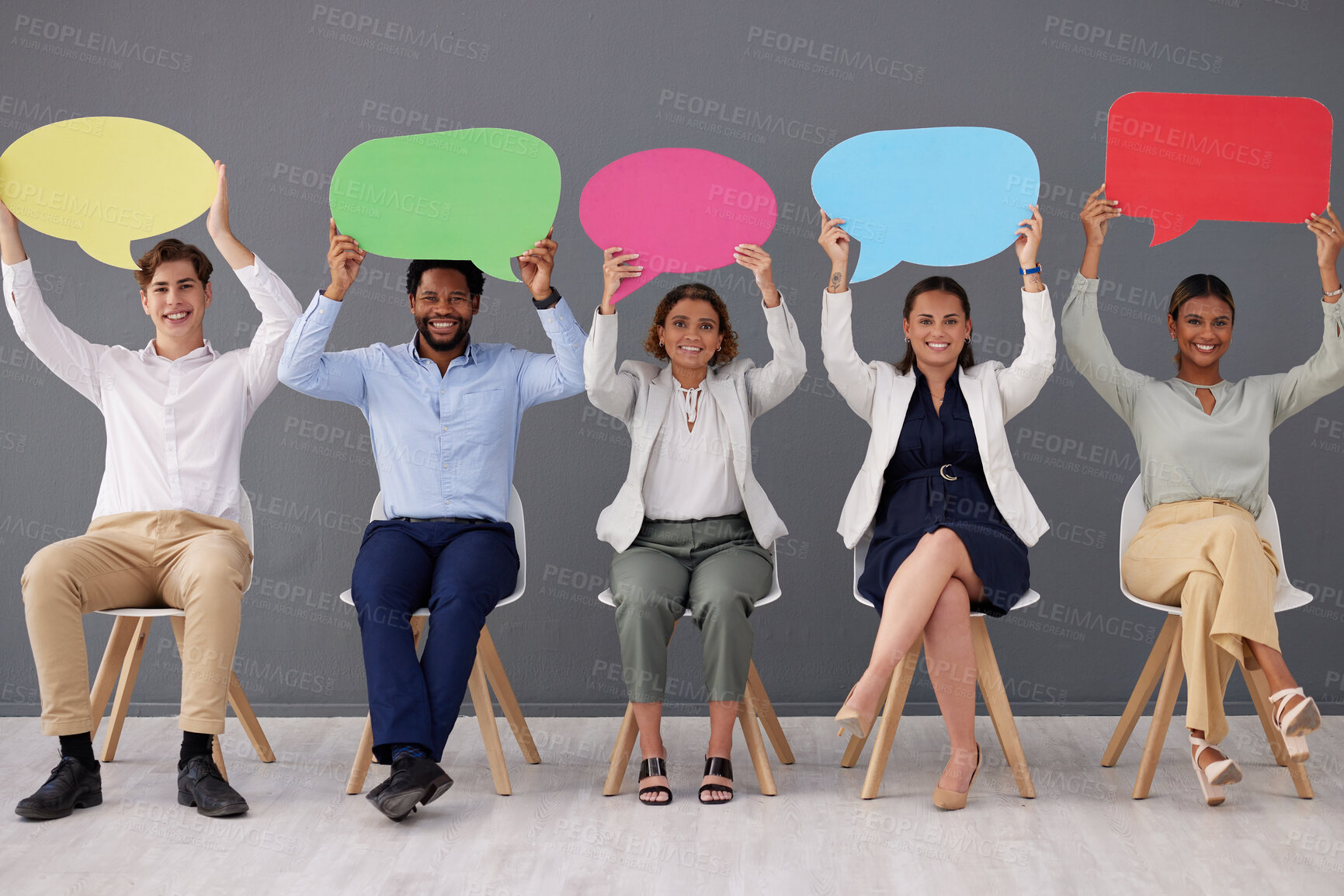 Buy stock photo Speech bubble, business people together and smile on chair for recruitment, hiring and diversity in office. Corporate group, businessman and women with opinion, portrait and team building with poster