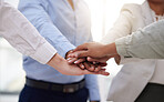 Hands, business group and people stack for support, solidarity and teamwork of success, agreement and trust. Hand, pile and cooperation of employee collaboration, unity and staff motivation together