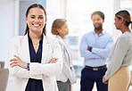 Leadership, smile and portrait of business woman in office with crossed arms, startup success and meeting. Teamwork, collaboration and happy entrepreneur with mission, company pride and support