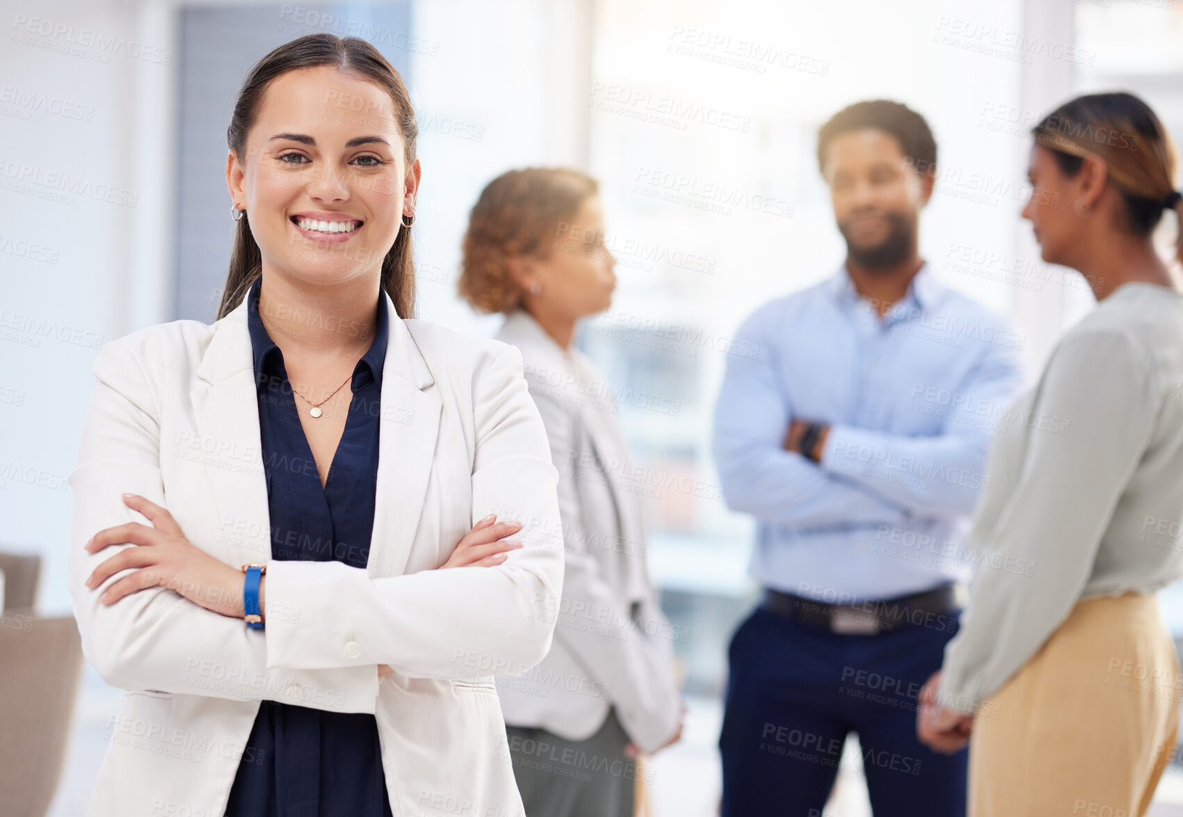 Buy stock photo Leadership, smile and portrait of business woman in office with crossed arms, startup success and meeting. Teamwork, collaboration and happy entrepreneur with mission, company pride and support