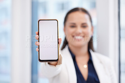 Buy stock photo Phone screen, mockup and woman hand for business mobile app, ui ux design or product placement space. Website, social media person and online career professional show smartphone or cellphone mock up