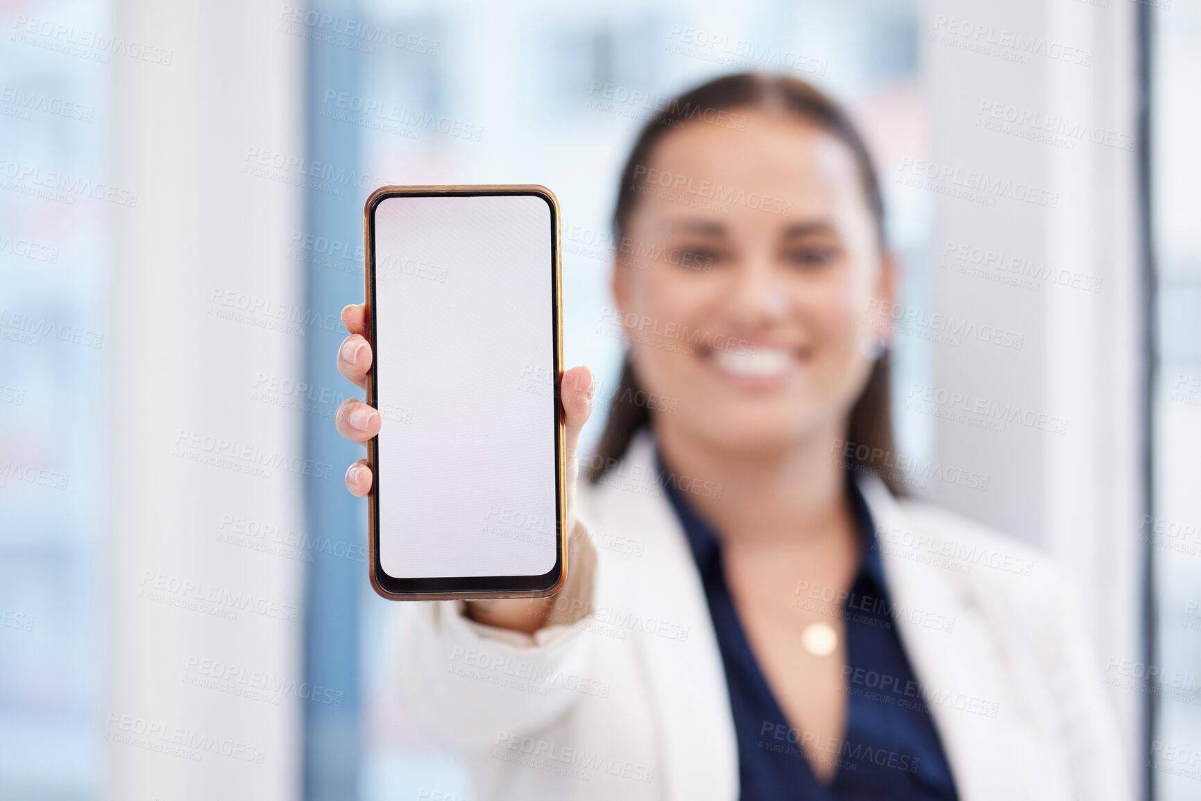 Buy stock photo Phone screen, mockup and woman hand for business mobile app, ui ux design or product placement space. Website, social media person and online career professional show smartphone or cellphone mock up