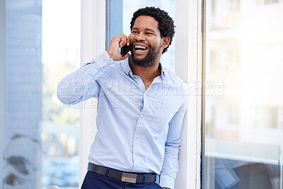 Buy stock photo Business, black man and laughing for phone, call and talking in office, company and communication. Happy worker, smartphone and conversation for mobile networking, contact and connection of happiness