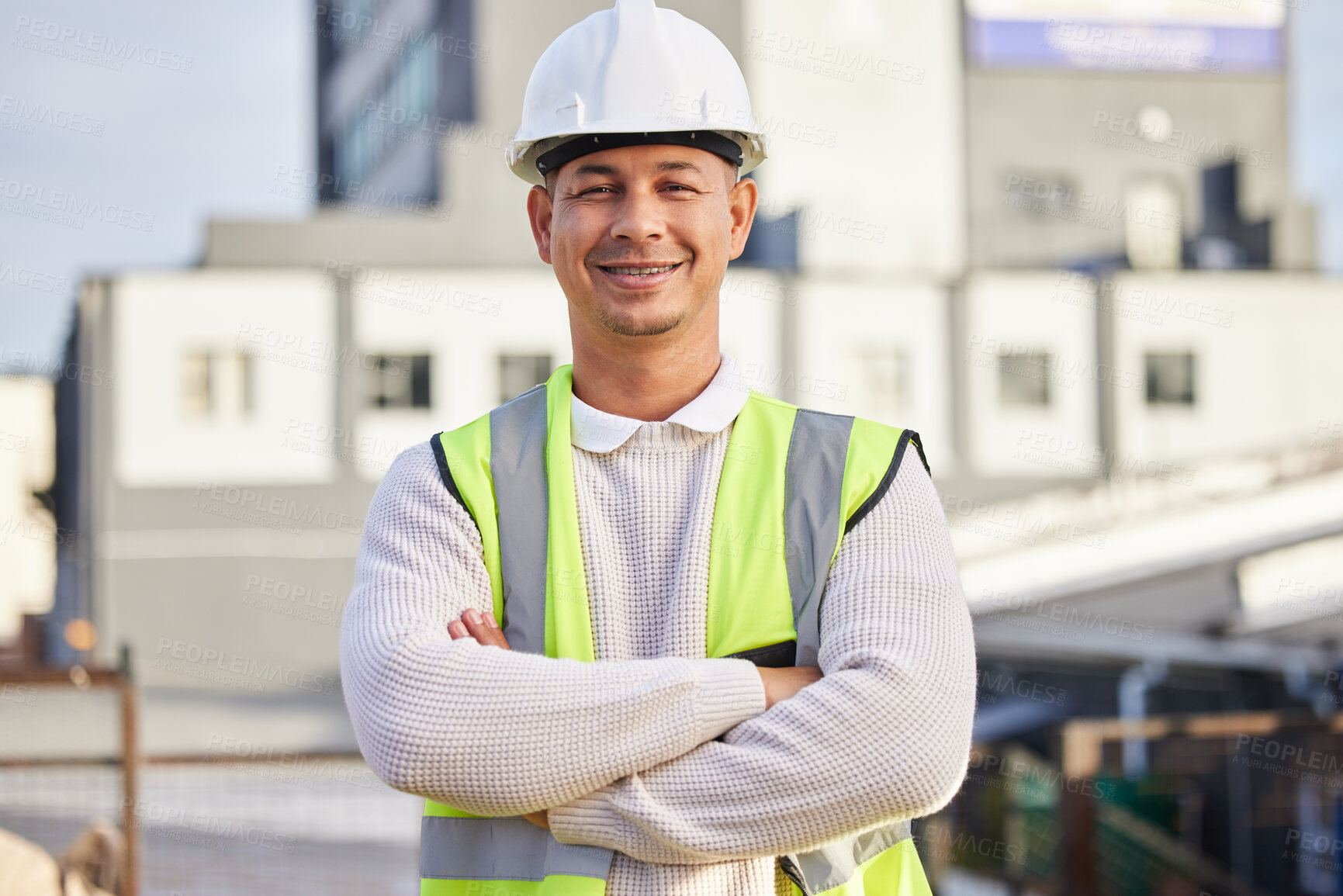 Buy stock photo Architect man, outdoor portrait and arms crossed with leadership, smile and vision for property development. Architecture industry expert, engineer and focus for happiness, buildings and career goals