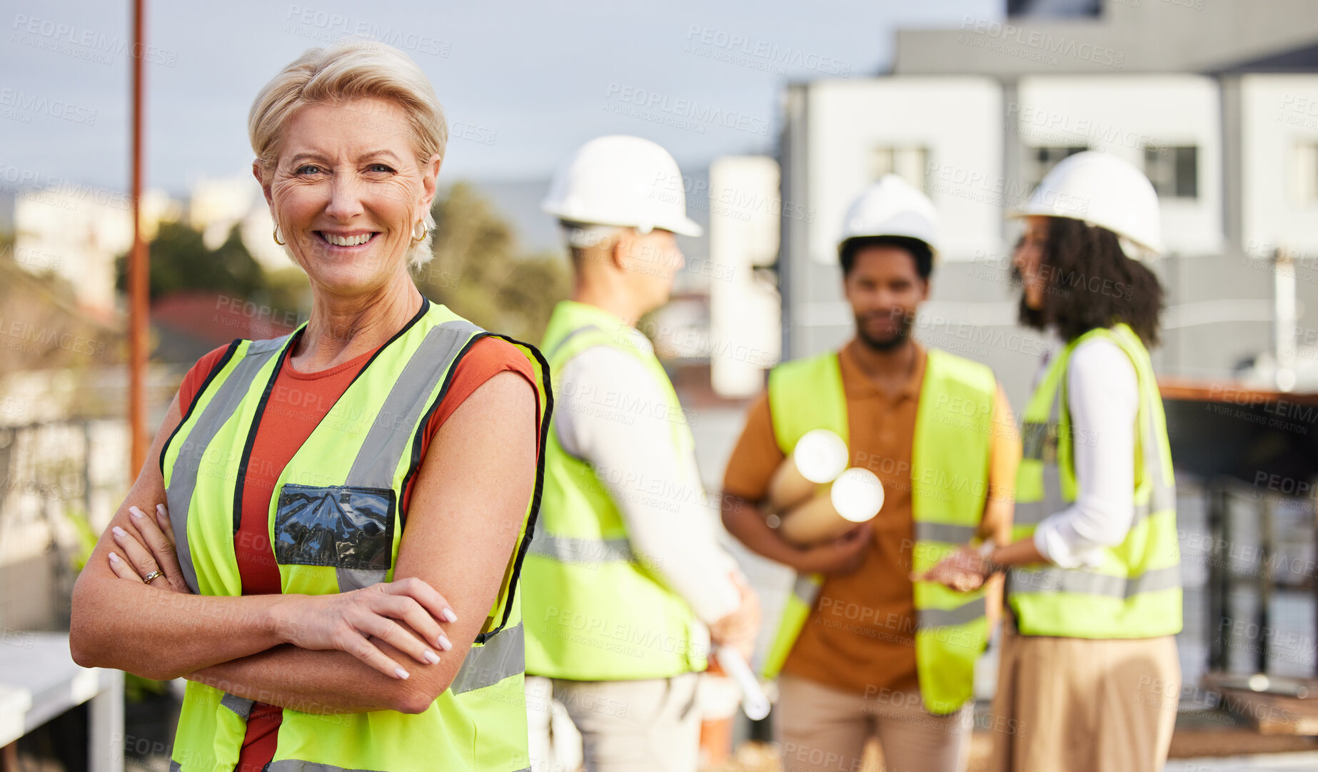 Buy stock photo Senior architect woman, outdoor portrait and rooftop with leadership, smile and vision for property development. Elderly architecture expert, arms crossed or focus for happiness, team and career goal