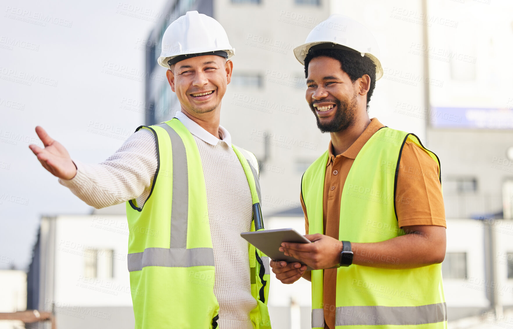 Buy stock photo Tablet, collaboration or architecture with an engineer man and designer planning on a construction site. Architect, building and teamwork with men working together to design a development project