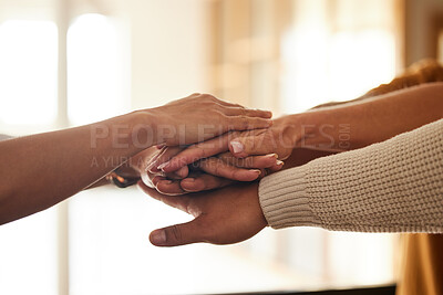 Buy stock photo Hands together, teamwork and collaboration for support, solidarity and team building in office. Cooperation, unity and group of business people stack hand or huddle for trust, motivation and union.