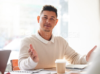 Buy stock photo Interview, accounting and finance with a business man in the boardroom for a company financial meeting. Manager, welcome and accountant with a male employee sitting at his desk in the office