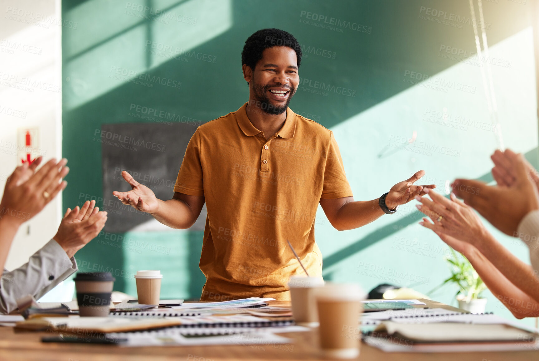 Buy stock photo Training, applause and meeting with black man speaker for creative, planning and presentation in startup. Success, winner and celebration with group of people in workshop for target, support and wow