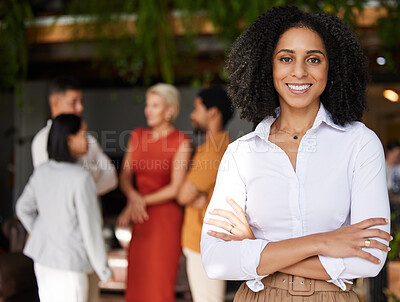 Buy stock photo Portrait, business and smile of black woman with arms crossed and pride for career or job. Boss, professional mindset and happy, proud and confident female entrepreneur from South Africa in office.