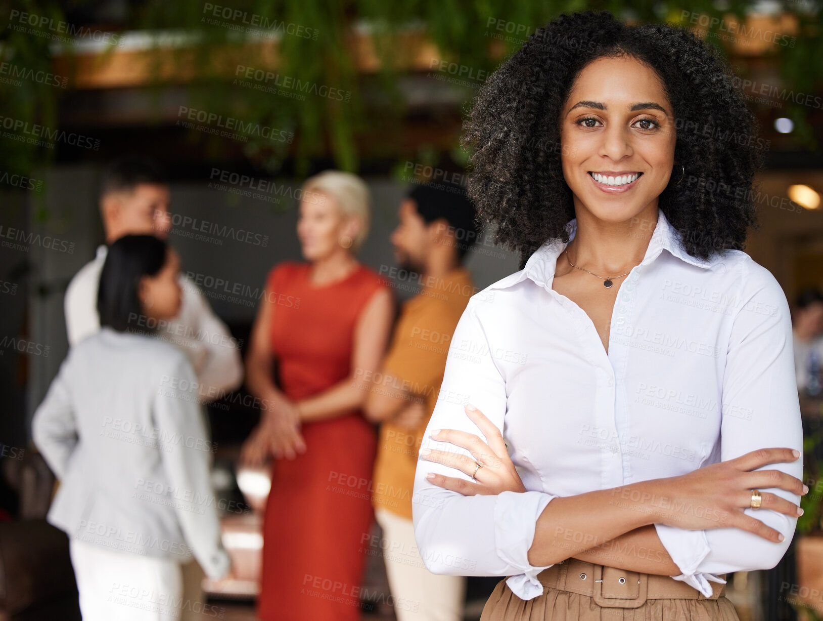 Buy stock photo Portrait, business and smile of black woman with arms crossed and pride for career or job. Boss, professional mindset and happy, proud and confident female entrepreneur from South Africa in office.