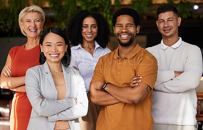 Buy stock photo Smile, portrait and group of business people with arms crossed for office career. Teamwork diversity, collaboration and happy, confident and proud employees, men and women together for team building.