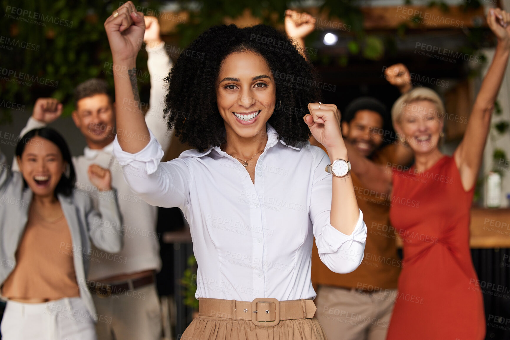 Buy stock photo Black woman, party and business celebration at night for winning, success and achievement with leader. Diversity men and women together for company growth, bonus deal or goals cheering with hand fist