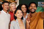 Selfie, peace sign and group of business people in office taking pictures for social media. V hand emoji, teamwork collaboration and smile of friends, men and women taking photo for happy memory.