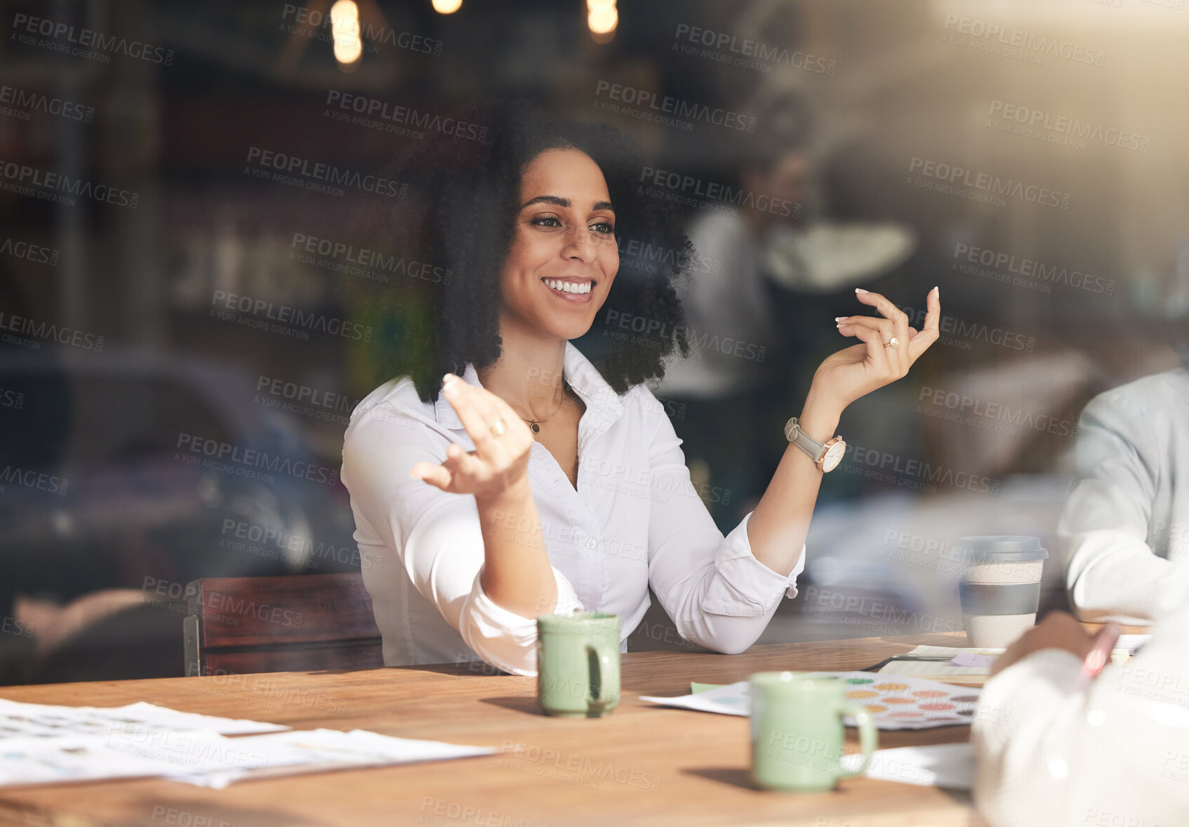 Buy stock photo Business, black woman and employee with question, meeting and conversation for project, deadline and schedule. African American female leader, manager and consultant with smile, profit growth or plan
