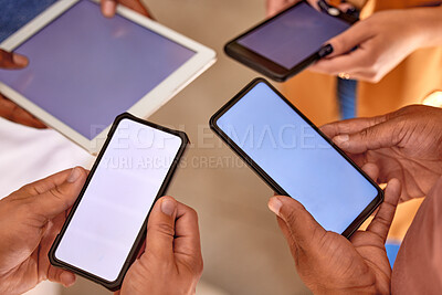 Buy stock photo Group of people with phone screen or mockup space for digital planning, mobile app and multimedia networking. Hands with cellphone, tablet and technology for smartphone collaboration and data sharing