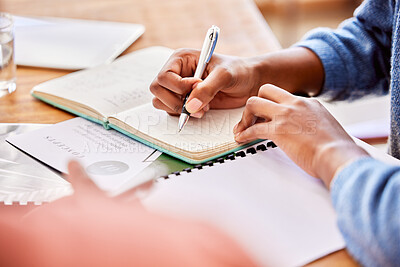 Buy stock photo Meeting, discussion and team planning a project while writing creative notes in the office. Collaboration, teamwork and people brainstorming with notebooks while working on report in the workplace.