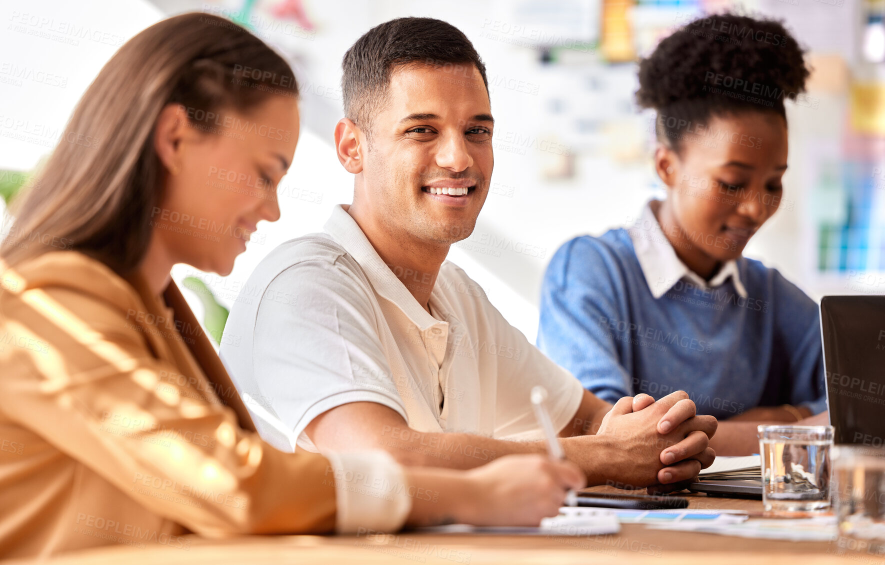 Buy stock photo Smile, meeting and portrait of business man in office in discussion, marketing strategy and brainstorming ideas. Teamwork, leader and happy worker for planning, creative project and branding design