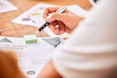 Buy stock photo Planning, strategy and hands of an employee with a proposal for analysis, reading and information. Business, corporate and worker a design document for work ideas, inspiration and a plan with notes