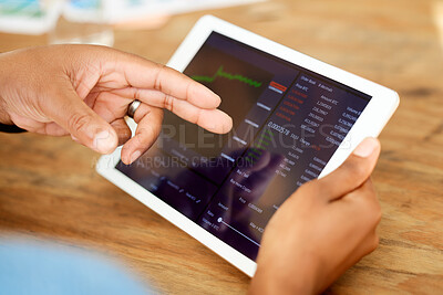 Buy stock photo Stock market, investment and tablet with hands of person for chart, trading and forex research. Finance, data analysis and cryptocurrency with employee and graph for growth, technology and app