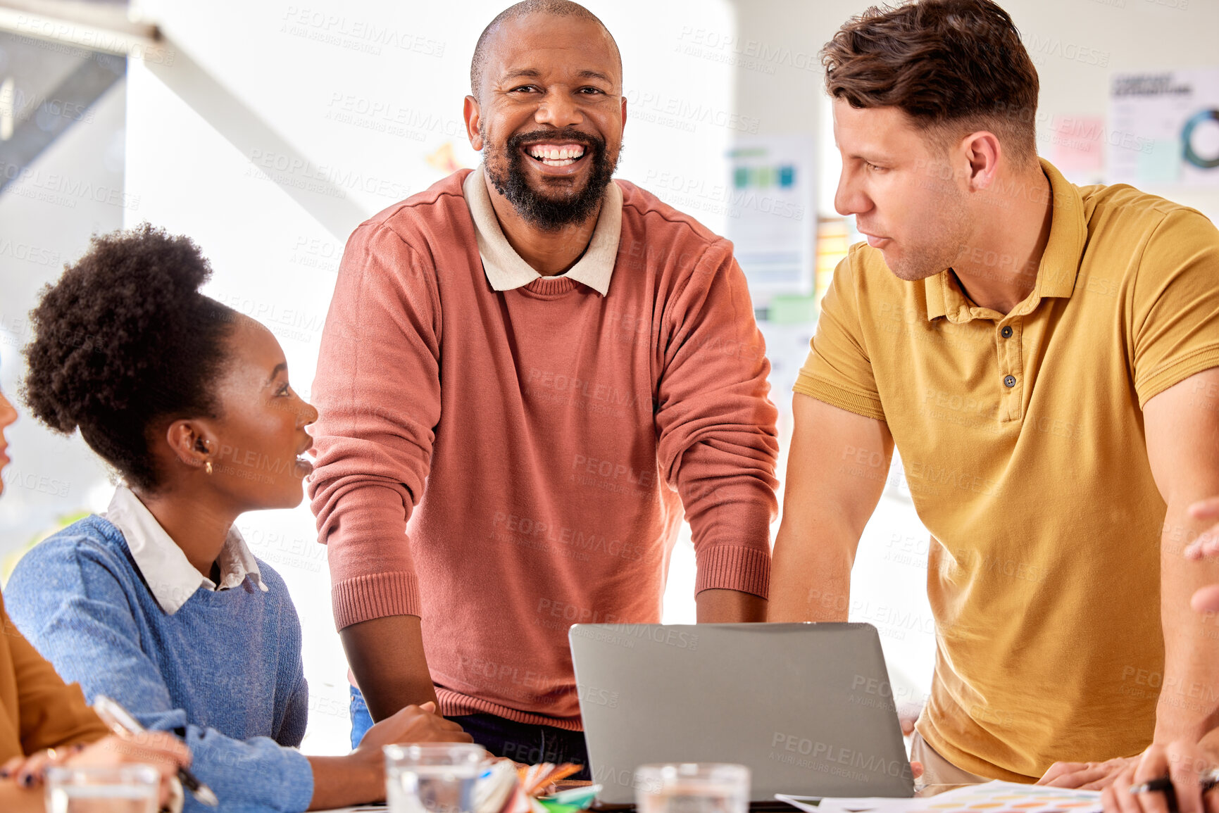 Buy stock photo Teamwork, leader and business black man with smile in discussion, meeting and brainstorming ideas. Creative, collaboration and happy workers in office for planning, marketing strategy and project