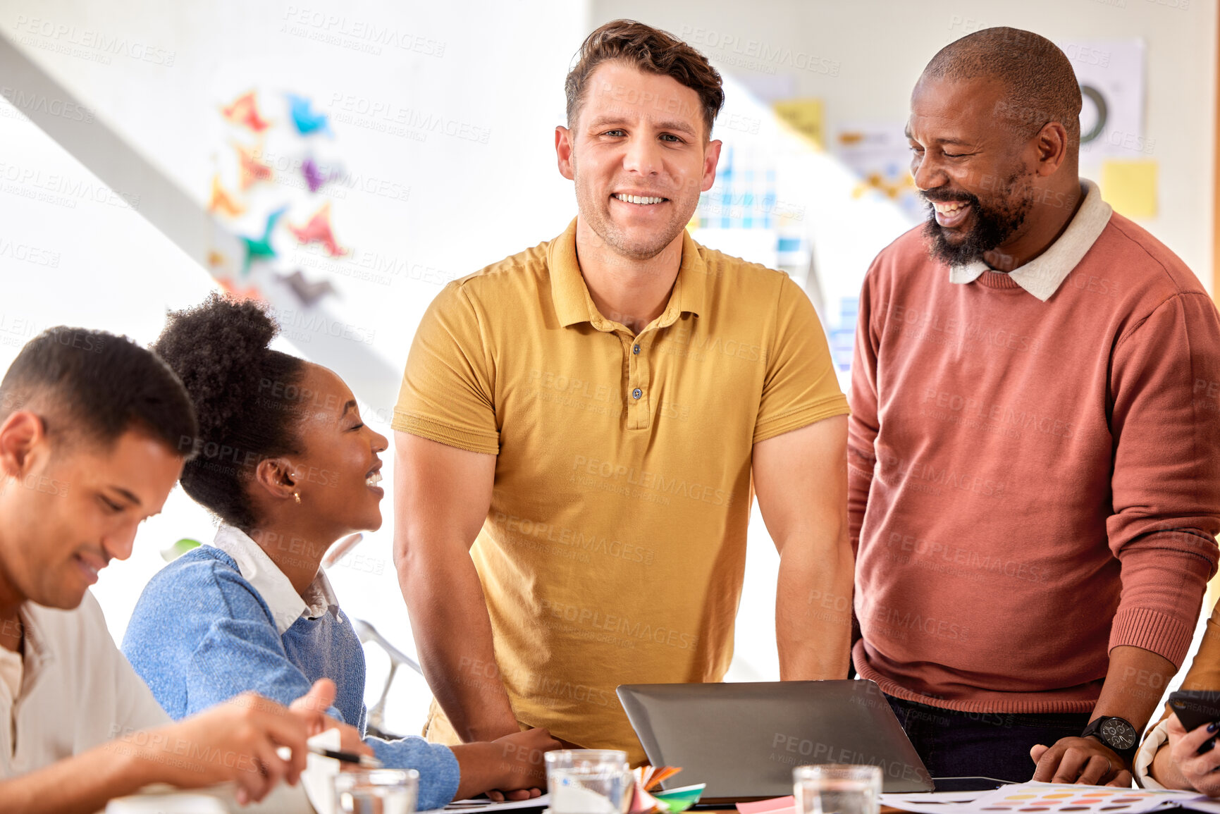 Buy stock photo Teamwork, creative and portrait of business man in discussion, meeting and brainstorming ideas. Leadership, collaboration and workers smile for planning, marketing strategy and branding project