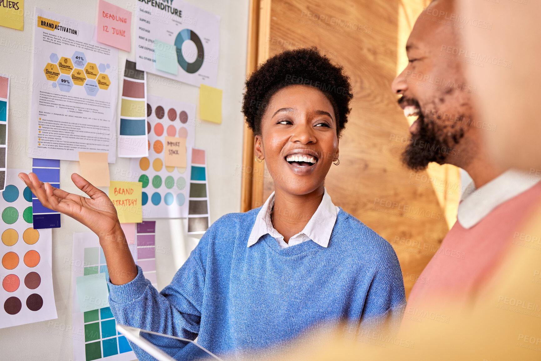 Buy stock photo Planning, group brainstorming and business people for branding, research and strategy for a project. Happy, teaching and black woman doing a presentation of a plan, idea or design to employees