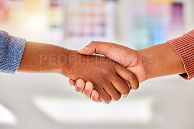 Buy stock photo Closeup, business and handshake for support, collaboration and partnership for new project. Zoom, hand and employees with gesture for solidarity, creative and trust for leadership, skills or deadline