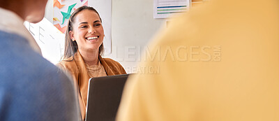 Buy stock photo Planning, meeting and smile of  business woman in leadership, laptop strategy and talking in startup on mockup. Happy female manager in discussion with team of project workflow, development and ideas
