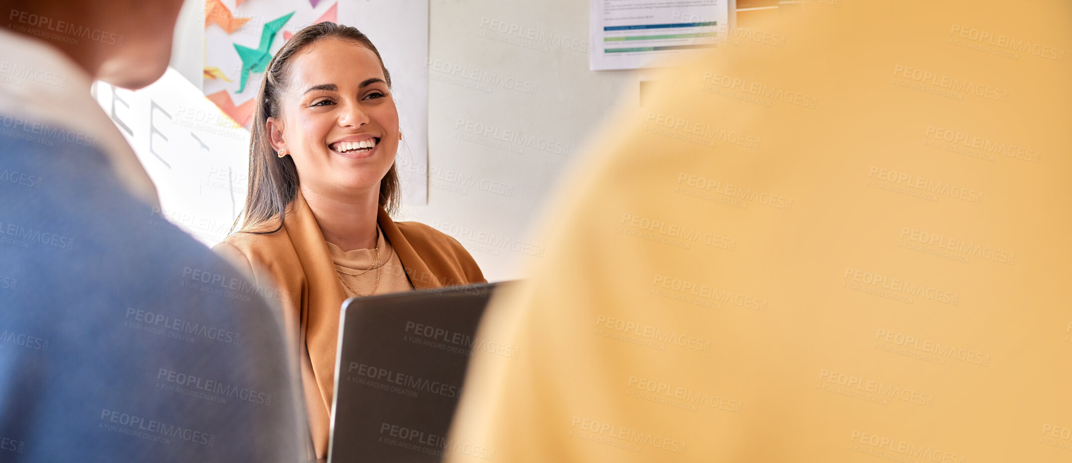 Buy stock photo Planning, meeting and smile of  business woman in leadership, laptop strategy and talking in startup on mockup. Happy female manager in discussion with team of project workflow, development and ideas