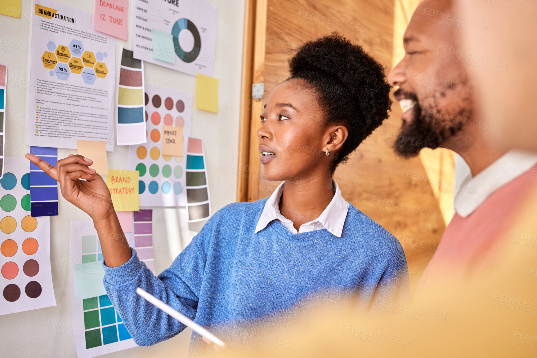 Buy stock photo Planning, inspiration and business people in a meeting for design, brainstorming and presentation. Color, swatch and a black woman speaking to employees about inspiration for company branding