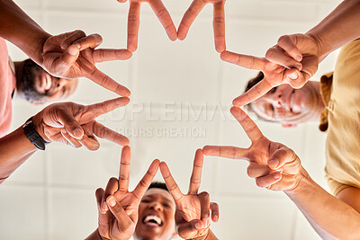 Buy stock photo Star hands, together and people teamwork, happy collaboration and group synergy or support from below. Career diversity of employees, community or friends with v sign for unity, workflow and solution