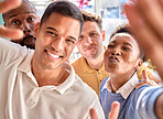 Business team, selfie and people portrait in office at creative workplace for funny team building. Happy diversity men and women staff together for company profile picture, collaboration and teamwork