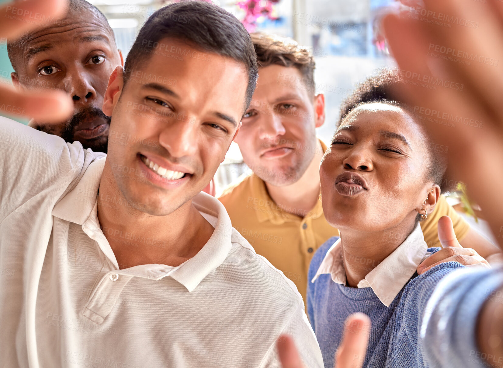 Buy stock photo Business team, selfie and people portrait in office at creative workplace for funny team building. Happy diversity men and women staff together for company profile picture, collaboration and teamwork