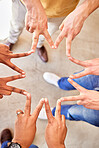 Peace, above and hands of business people in a star for team building, shape and support. Motivation, together and hands of employees with a sign for collaboration, friends and group solidarity