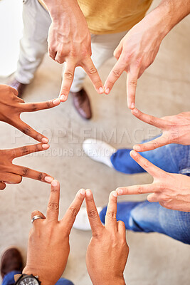 Buy stock photo Peace, above and hands of business people in a star for team building, shape and support. Motivation, together and hands of employees with a sign for collaboration, friends and group solidarity