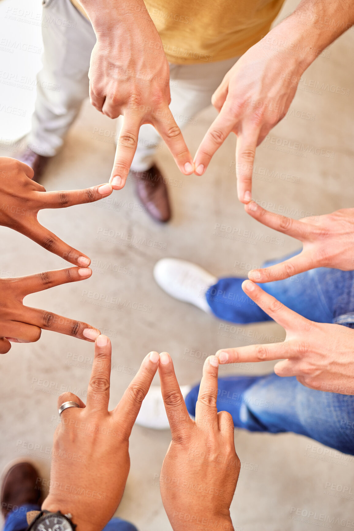 Buy stock photo Peace, above and hands of business people in a star for team building, shape and support. Motivation, together and hands of employees with a sign for collaboration, friends and group solidarity
