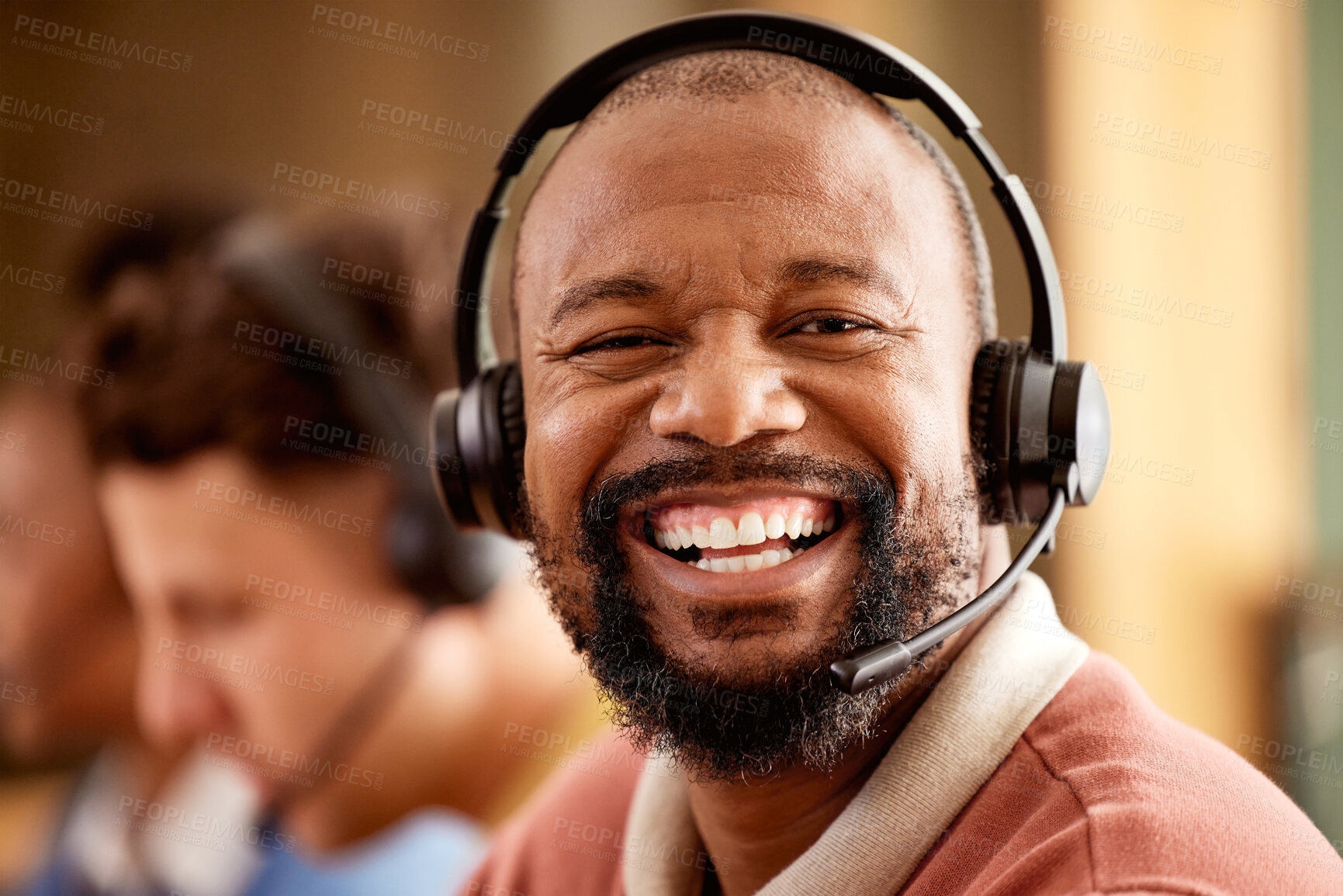 Buy stock photo Face, portrait and smile of black man in call center for customer service work in office. Crm consulting, sales agent and happy telemarketer, representative or male consultant laughing at funny joke.