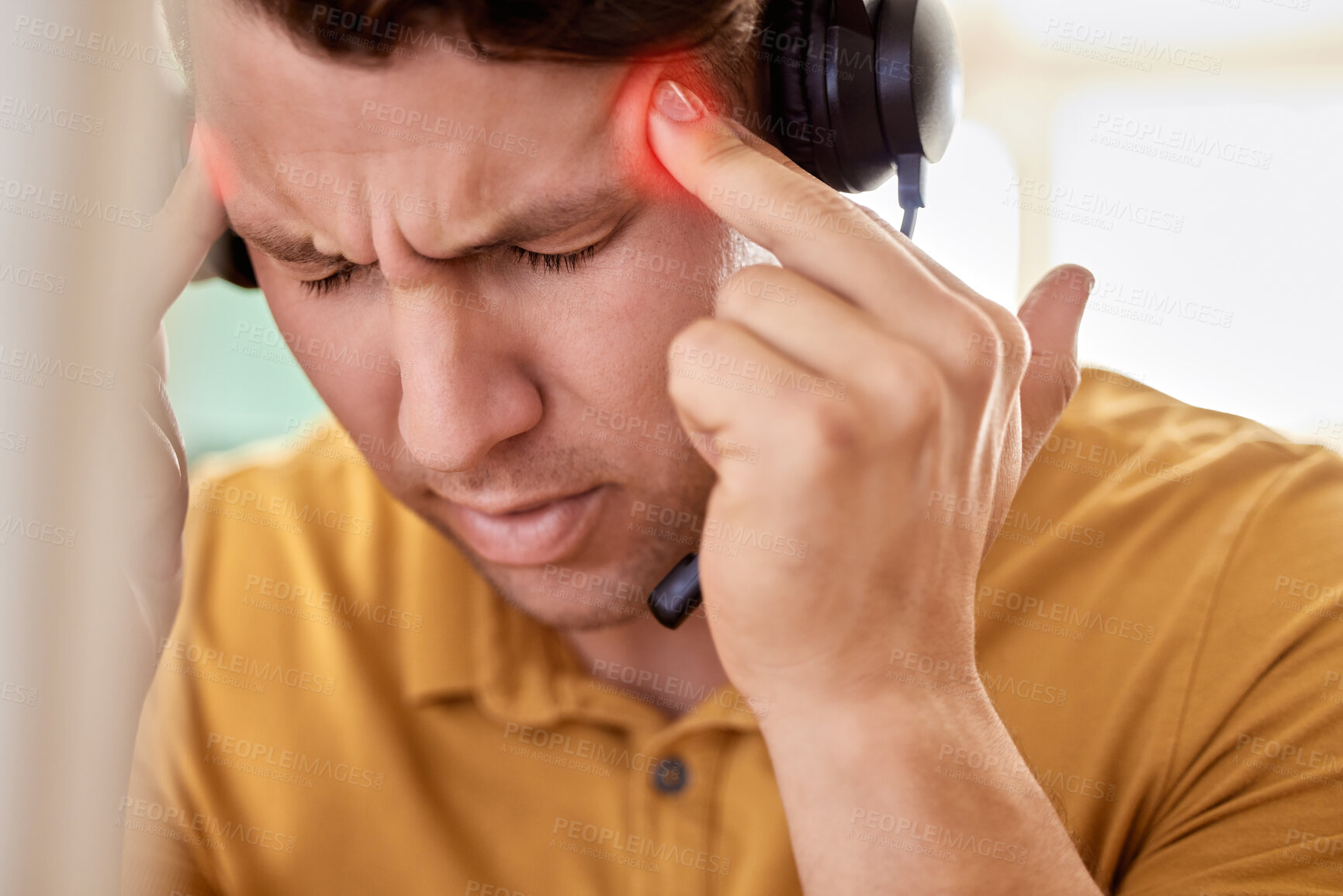 Buy stock photo Stress, call center and man with headache, burnout and overworked with pain, overtime and exhausted. Male employee, customer service or consultant with migraine, telemarketing or anxiety in workplace