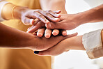 Hands, group and people stack for support, solidarity and teamwork of success, agreement partnership and trust. Hand, pile and cooperation of collaboration, unity and community motivation of about us