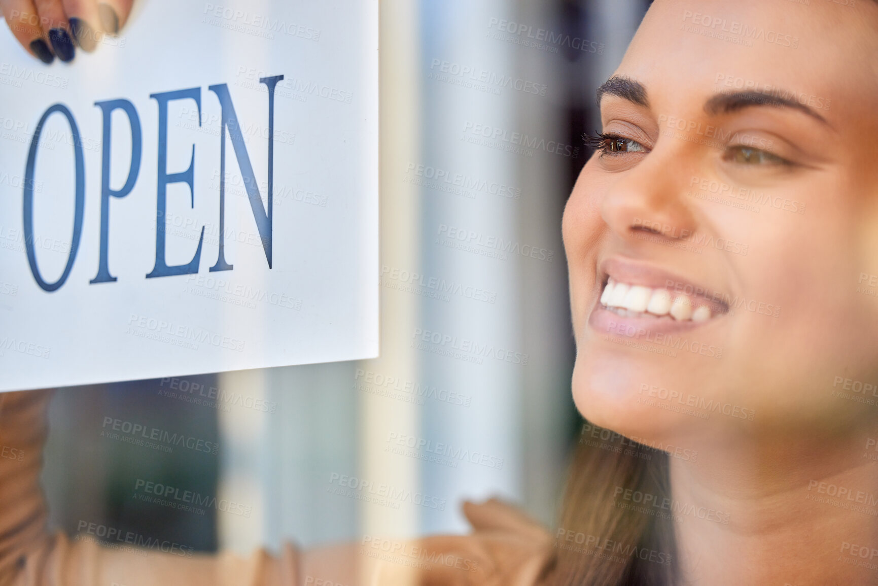 Buy stock photo Open sign, happy woman or small business owner with shopping, customer service and retail startup career. Entrepreneur, manager or person smiling with board for welcome in new store at window or door