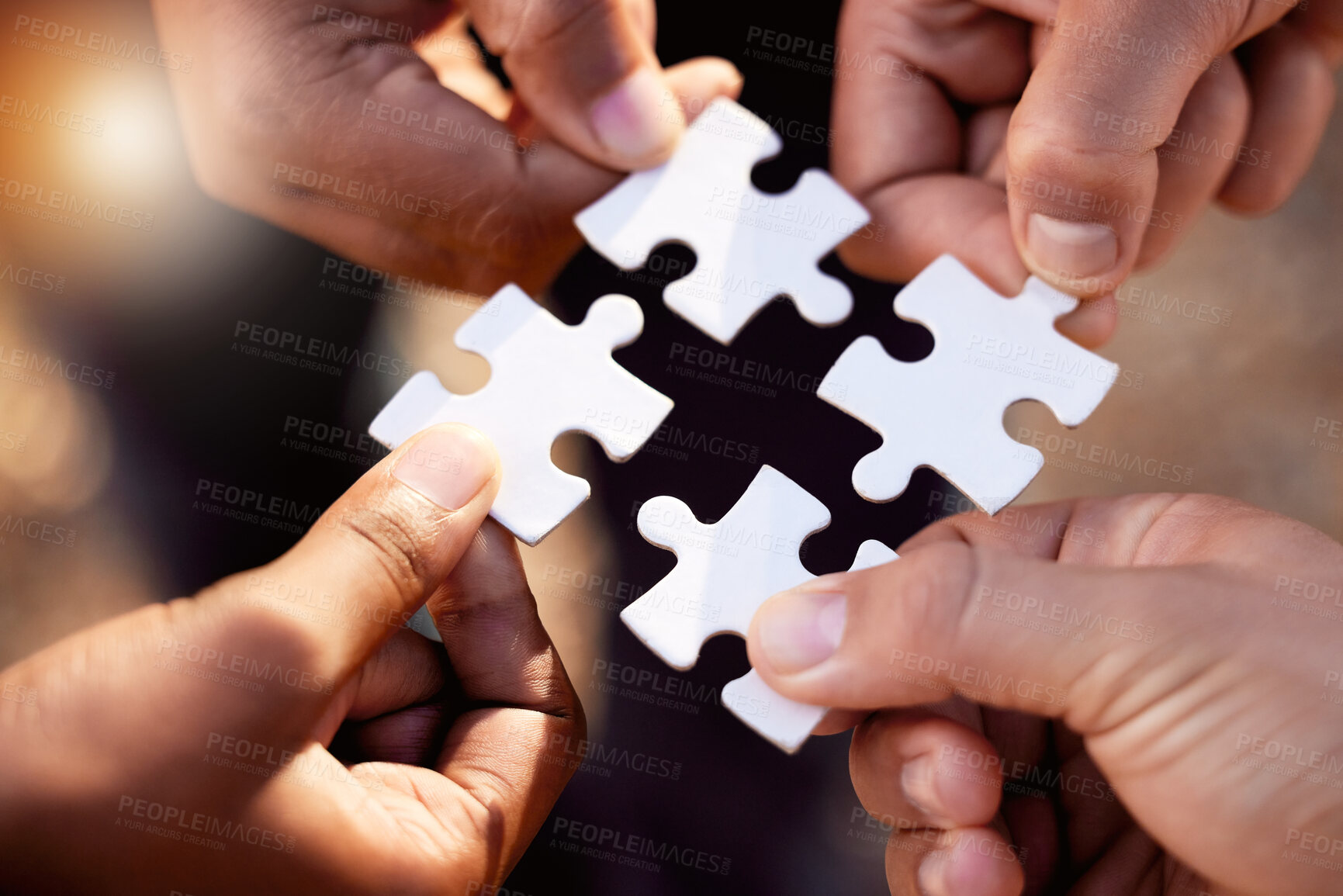 Buy stock photo Group hands with puzzle for solution, teamwork and workflow goals, achievement and success in closeup. Team building game, project development and people for problem solving, synergy or collaboration