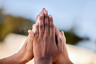Buy stock photo Closeup, hands and high five for teamwork, collaboration and partnership with celebration. Zoom, diversity and people with gesture for community, achievement and support with solidarity and unity