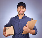 Delivery man, box and portrait isolated on studio background with courier services and clipboard and smile. Asian worker, supplier or logistics person package for Korea distribution and product sales