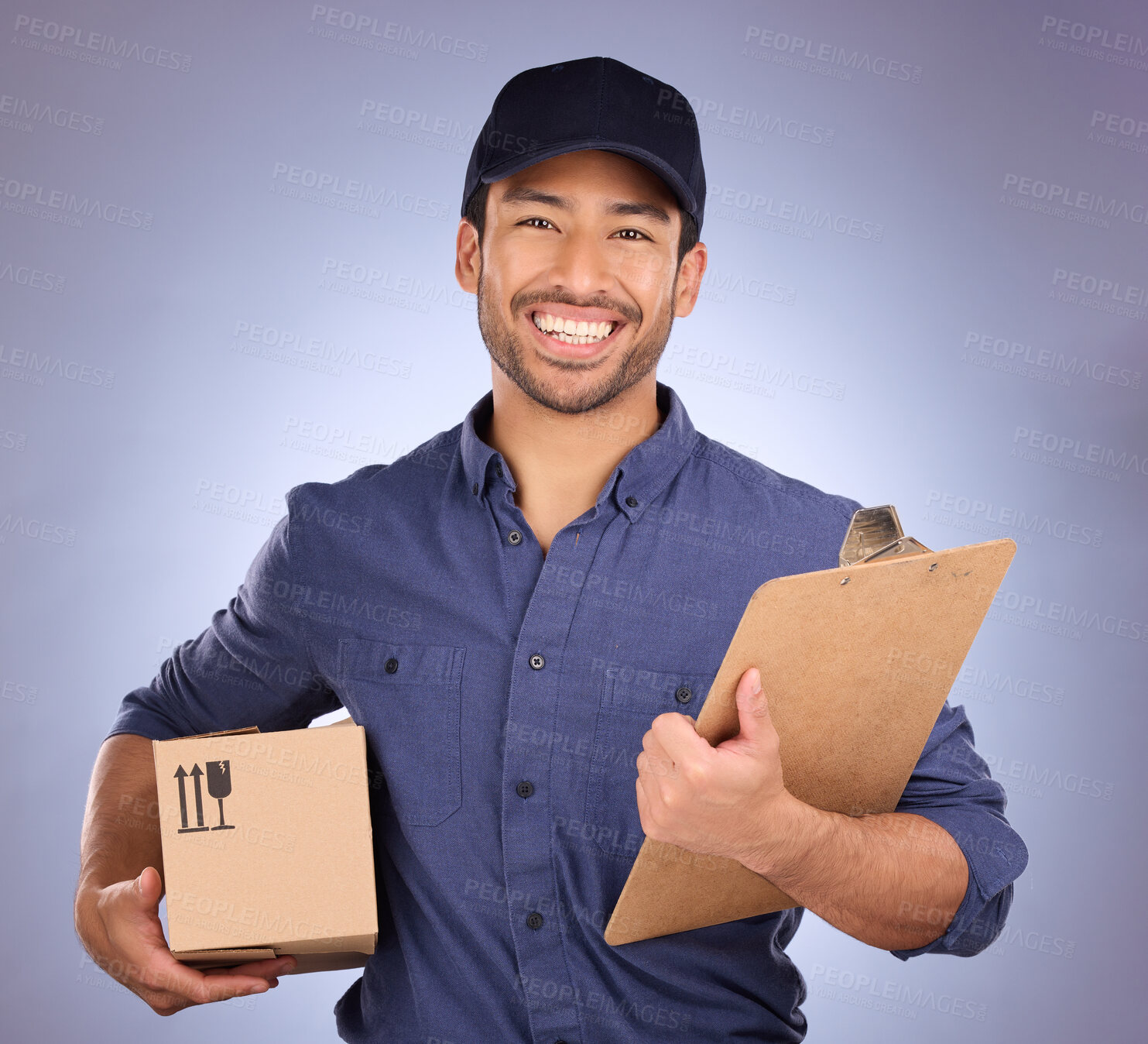 Buy stock photo Delivery man, box and portrait isolated on studio background with courier services and clipboard and smile. Asian worker, supplier or logistics person package for Korea distribution and product sales