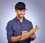 Man, studio and writing on clipboard working on delivery, shipping and logistics with hat and smile. Happy asian model person or worker on checklist, list or form for information on purple background