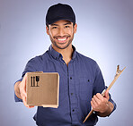 Portrait of delivery man giving box isolated on studio background for courier services, clipboard and smile. Asian worker, business or logistics person package in Korea distribution and product offer
