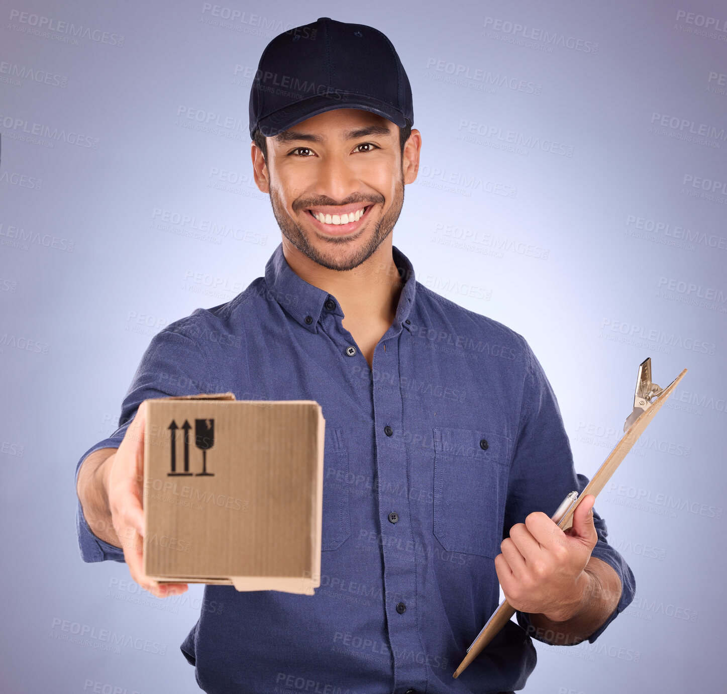 Buy stock photo Portrait of delivery man giving box isolated on studio background for courier services, clipboard and smile. Asian worker, business or logistics person package in Korea distribution and product offer