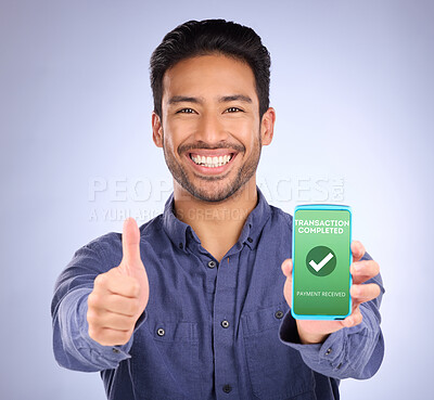 Buy stock photo Asian man, phone and thumbs up in payment received ecommerce, transaction or internet banking success. Portrait of happy male showing smartphone screen with thumb emoji, yes sign or like for purchase